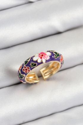 Pirinç Mor Mineli Çiçek Motifli Gold Renk Ayarlanabilir Kadın Yüzük - TJ-BYK3803