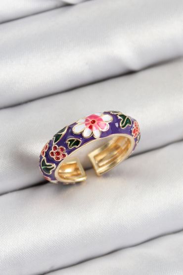 Pirinç Mor Mineli Çiçek Motifli Gold Renk Ayarlanabilir Kadın Yüzük - TJ-BYK3803