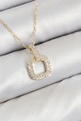 Pirinç Zirkon Taşlı Kare Model Gold Renk Kadın Kolye - TJ-BKO10408