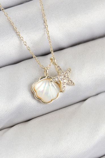 Pirinç Zirkon Taşlı İstiridye Ve Deniz Yıldızı Model Gold Renk Kadın Kolye - TJ-BKO10410