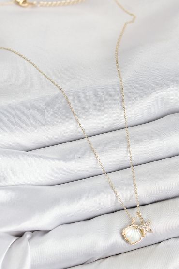 Pirinç Zirkon Taşlı İstiridye Ve Deniz Yıldızı Model Gold Renk Kadın Kolye - TJ-BKO10410