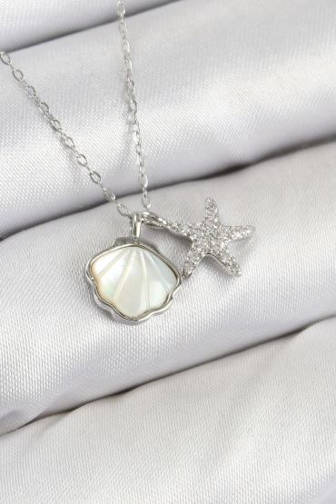 Pirinç Zirkon Taşlı İstiridye Ve Deniz Yıldızı Model Gümüş Renk Kadın Kolye - TJ-BKO10411