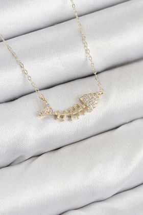 Pirinç Zirkon Taşlı Balık Kılçığı Model Gold Renk Kadın Kolye - TJ-BKO10412