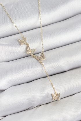 Pirinç Zirkon Taşlı Kelebek Model Gold Renk Kadın Kolye - TJ-BKO10414
