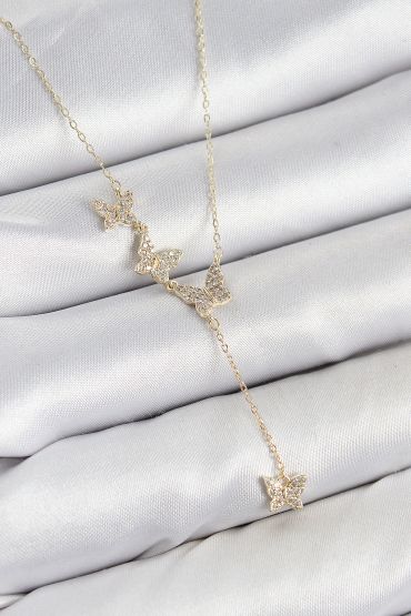 Pirinç Zirkon Taşlı Kelebek Model Gold Renk Kadın Kolye - TJ-BKO10414
