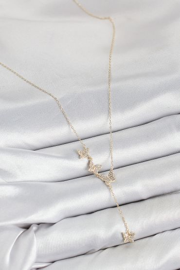 Pirinç Zirkon Taşlı Kelebek Model Gold Renk Kadın Kolye - TJ-BKO10414