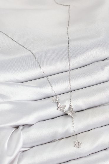 Pirinç Zirkon Taşlı Kelebek Model Gümüş Renk Kadın Kolye - TJ-BKO10415