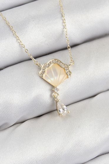 Pirinç Zirkon Taşlı İstiridye Model Gold Renk Kadın Kolye - TJ-BKO10416