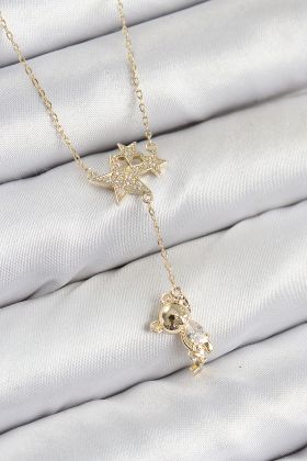 Pirinç Zirkon Taşlı Sallantılı Ayıcıklı Yıldız Model Gold Renk Kadın Kolye - TJ-BKO10418