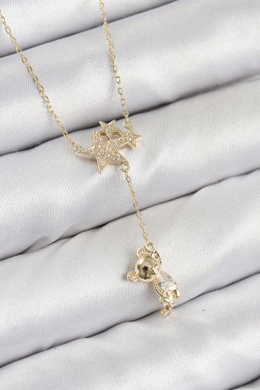 Pirinç Zirkon Taşlı Sallantılı Ayıcıklı Yıldız Model Gold Renk Kadın Kolye - TJ-BKO10418