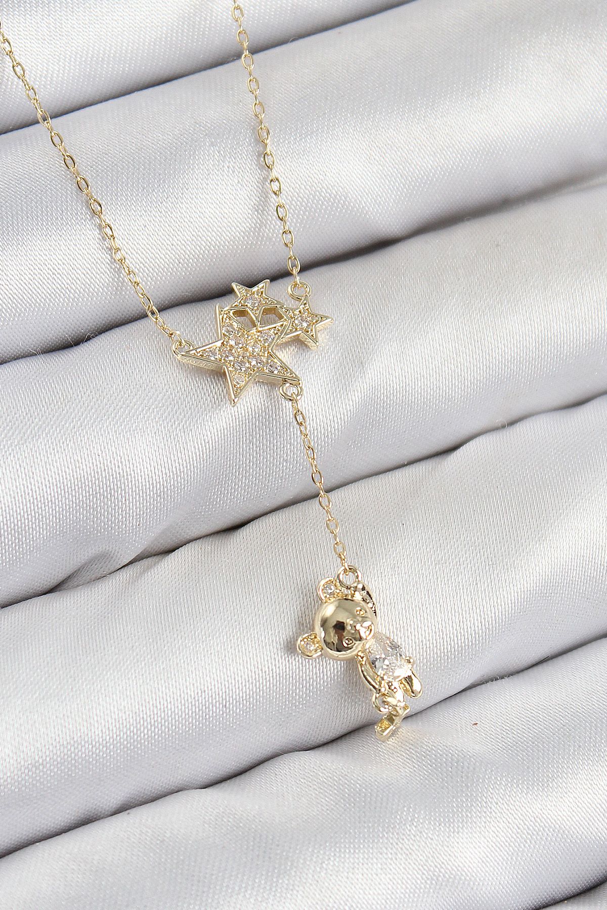 Pirinç Zirkon Taşlı Sallantılı Ayıcıklı Yıldız Model Gold Renk Kadın Kolye - TJ-BKO10418