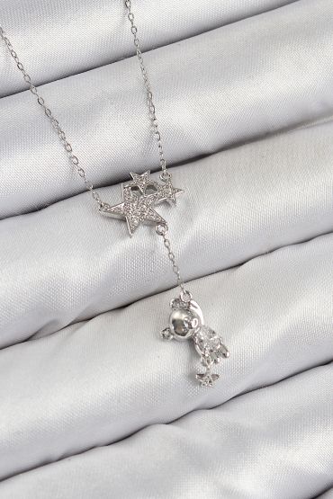 Pirinç Zirkon Taşlı Sallantılı Ayıcıklı Yıldız Model Gümüş Renk Kadın Kolye - TJ-BKO10419