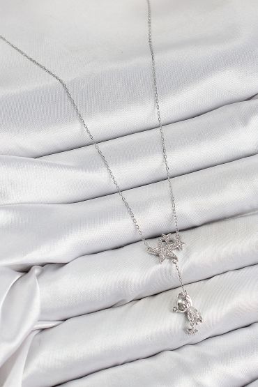 Pirinç Zirkon Taşlı Sallantılı Ayıcıklı Yıldız Model Gümüş Renk Kadın Kolye - TJ-BKO10419