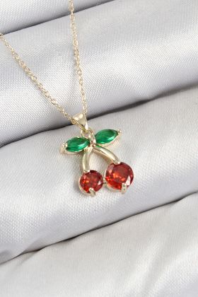 Pirinç Zirkon Taşlı Kiraz Model Gold Renk Kadın Kolye - TJ-BKO10420