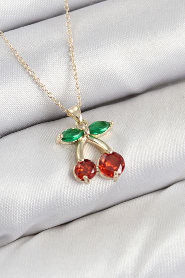 Pirinç Zirkon Taşlı Kiraz Model Gold Renk Kadın Kolye - TJ-BKO10420