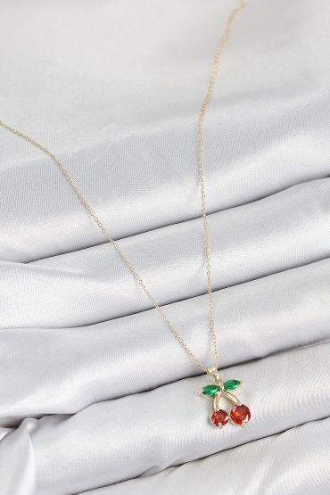 Pirinç Zirkon Taşlı Kiraz Model Gold Renk Kadın Kolye - TJ-BKO10420