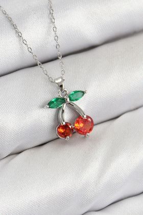 Pirinç Zirkon Taşlı Kiraz Model Gümüş Renk Kadın Kolye - TJ-BKO10421