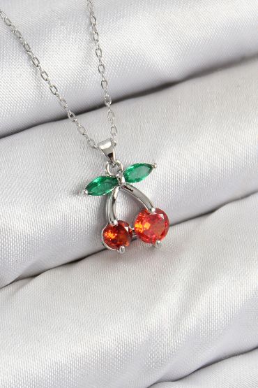 Pirinç Zirkon Taşlı Kiraz Model Gümüş Renk Kadın Kolye - TJ-BKO10421