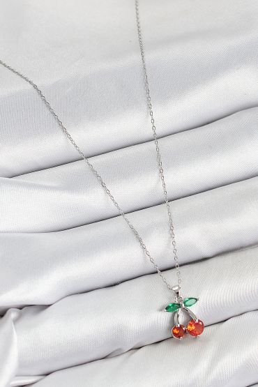 Pirinç Zirkon Taşlı Kiraz Model Gümüş Renk Kadın Kolye - TJ-BKO10421