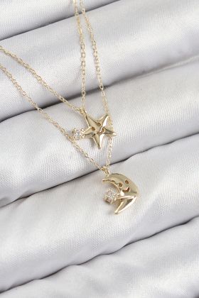 Pirinç Zirkon Taşlı Yıldız Ve Ay Model Gold Renk Kadın Kolye - TJ-BKO10422