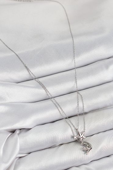 Pirinç Zirkon Taşlı Yıldız Ve Ay Model Gümüş Renk Kadın Kolye - TJ-BKO10423
