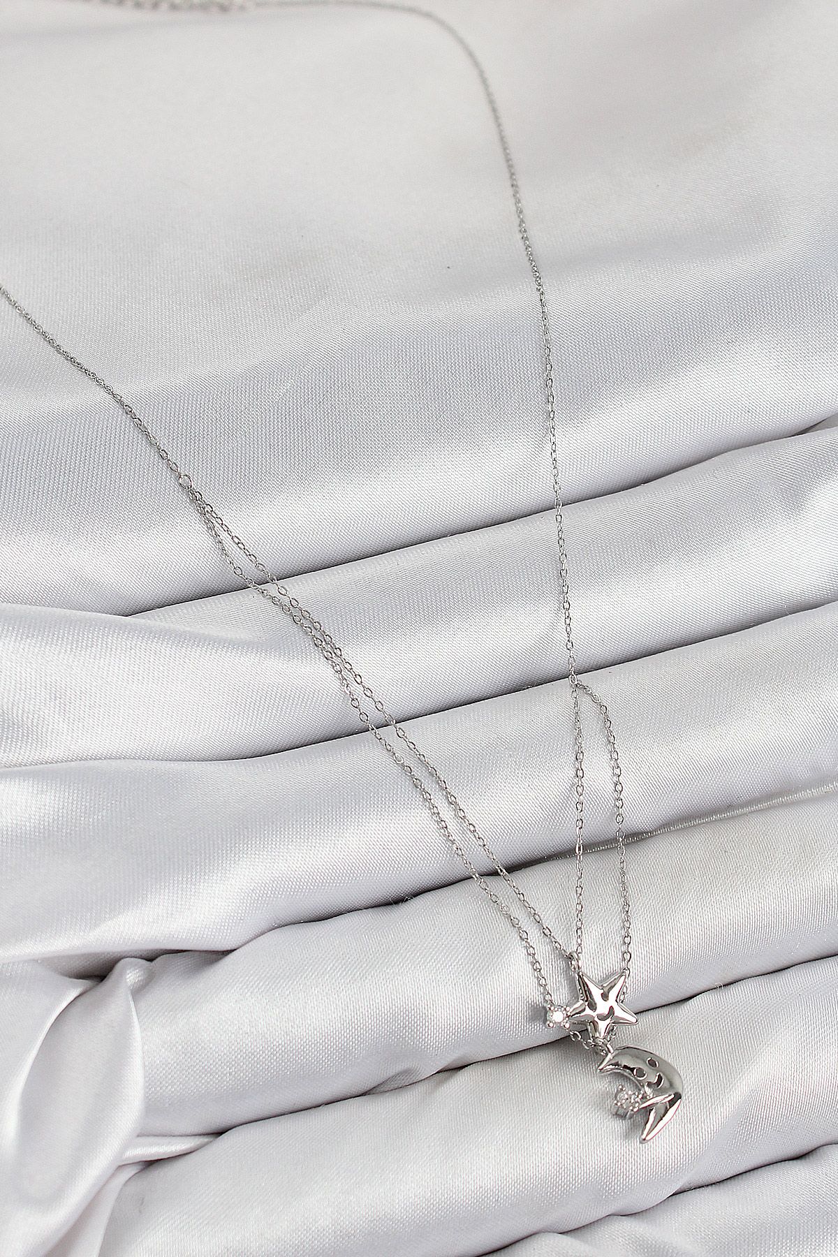 Pirinç Zirkon Taşlı Yıldız Ve Ay Model Gümüş Renk Kadın Kolye - TJ-BKO10423