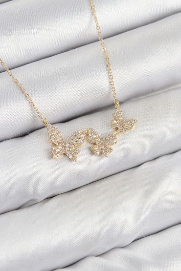 Pirinç Zirkon Taşlı Kelebek Model Gold Renk Kadın Kolye - TJ-BKO10424