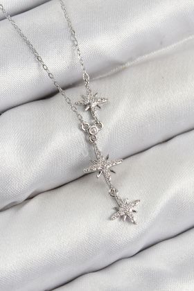 Pirinç Zirkon Taşlı Kutup Yıldızı Model Gümüş Renk Kadın Kolye - TJ-BKO10427