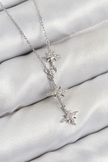 Pirinç Zirkon Taşlı Kutup Yıldızı Model Gümüş Renk Kadın Kolye - TJ-BKO10427