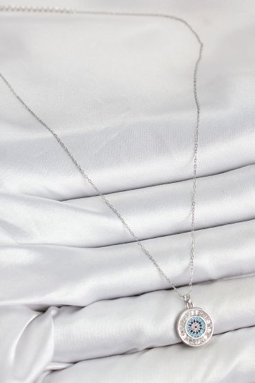 Pirinç Zirkon Taşlı Su Yolu Nazar Model Gümüş Renk Kadın Kolye - TJ-BKO10429