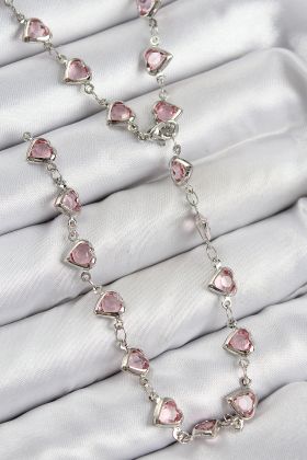 Pirinç Pembe Zirkon Taşlı Kalp Model Gümüş Renk Kadın Y Kolye - TJ-BKO10438