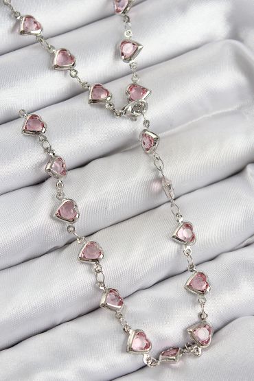 Pirinç Pembe Zirkon Taşlı Kalp Model Gümüş Renk Kadın Y Kolye - TJ-BKO10438