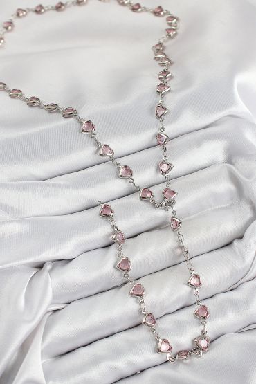 Pirinç Pembe Zirkon Taşlı Kalp Model Gümüş Renk Kadın Y Kolye - TJ-BKO10438