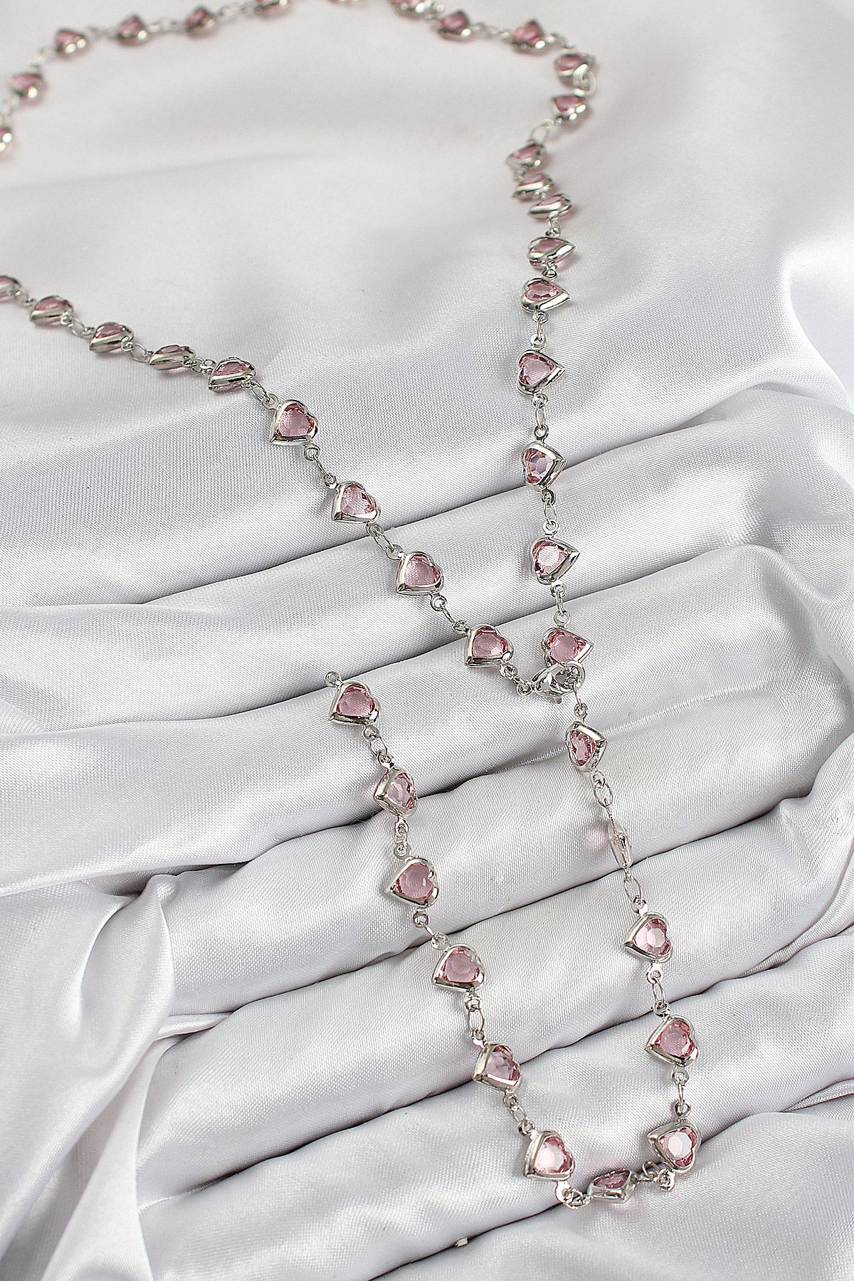 Pirinç Pembe Zirkon Taşlı Kalp Model Gümüş Renk Kadın Y Kolye - TJ-BKO10438