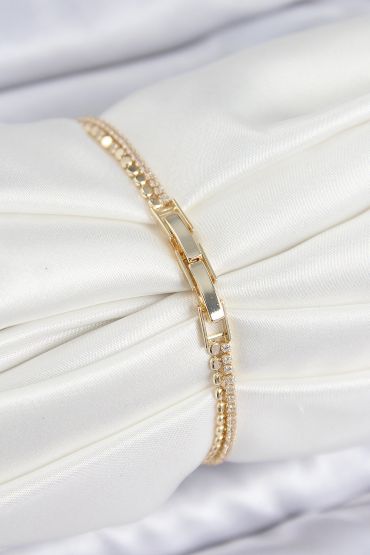 Pirinç Zirkon Taşlı Ezme Zincirli Sıralı Model Gold Renk Kadın Bilekilk - TJ-BB7655