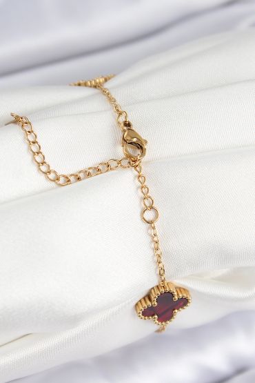 316L Çelik Sedefli Kırmızı Gold Renk Yonca Kadın Bileklik - TJ-BB7666
