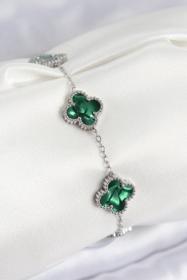 316L Çelik Sedefli Zümrüt Yeşil Gümüş Renk Yonca Kadın Bileklik - TJ-BB7672