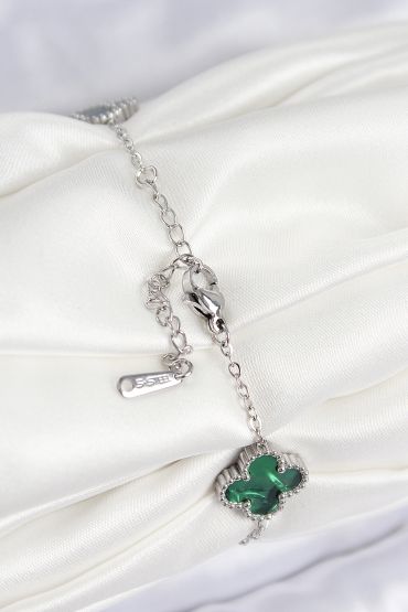 316L Çelik Sedefli Zümrüt Yeşil Gümüş Renk Yonca Kadın Bileklik - TJ-BB7672