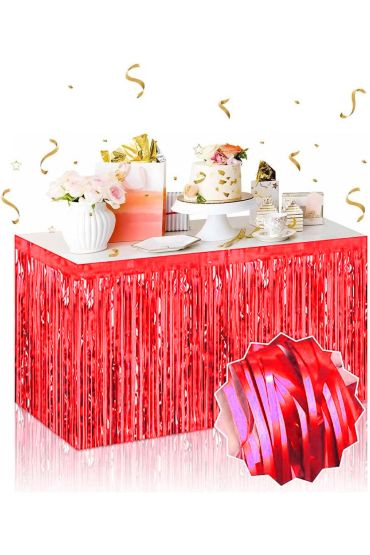 Kendinden Yapışkanlı Kırmızı Metalize Püsküllü Masa Eteği – 75 x 275 cm Parti Süslemesi