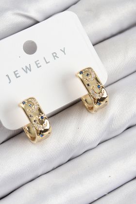 Pirinç Zirkon Taşlı Ay Desenli Model Gold Renk Kadın Küpe - TJ-BKP11064