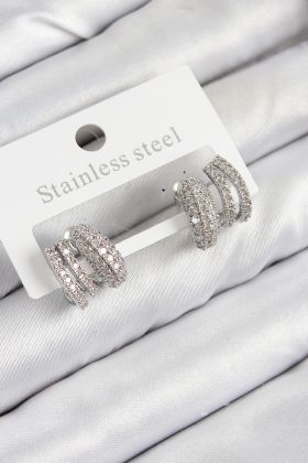 Pirinç Zirkon Taşlı Kıvrımlı Model Gümüş Renk Kadın Küpe - TJ-BKP11092