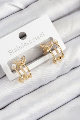 Pirinç Zirkon Taşlı İnci Detaylı Balık Kuyruğu Model Gold Renk Kadın Küpe - TJ-BKP11093