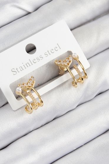 Pirinç Zirkon Taşlı İnci Detaylı Balık Kuyruğu Model Gold Renk Kadın Küpe - TJ-BKP11093