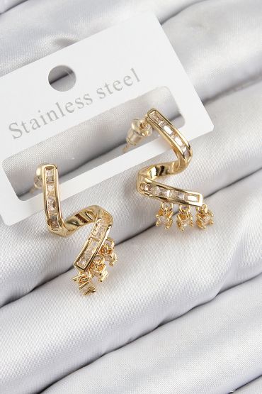 Pirinç Zirkon Taşlı Kıvrımlı Model Gold Renk Kadın Küpe - TJ-BKP11112