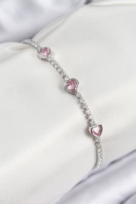 Pirinç Zirkon Taşlı Pembe Kalp Model Gümüş Renk Kadın Bileklik - TJ-BB7686