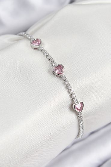 Pirinç Zirkon Taşlı Pembe Kalp Model Gümüş Renk Kadın Bileklik - TJ-BB7686