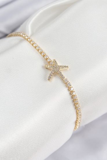 Pirinç Zirkon Taşlı Deniz Yıldızı Model Gold Renk Kadın Bileklik - TJ-BB7695