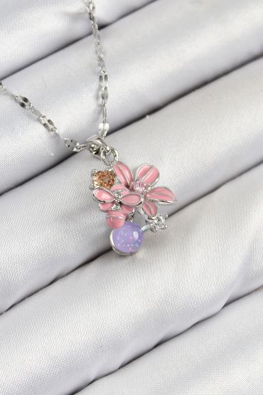 316L Çelik Zirkon Taşlı Arı Detaylı Pembe Çiçek Model Gümüş Renk Kadın Kolye - TJ-BKO10441