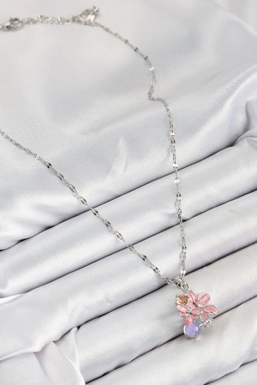 316L Çelik Zirkon Taşlı Arı Detaylı Pembe Çiçek Model Gümüş Renk Kadın Kolye - TJ-BKO10441
