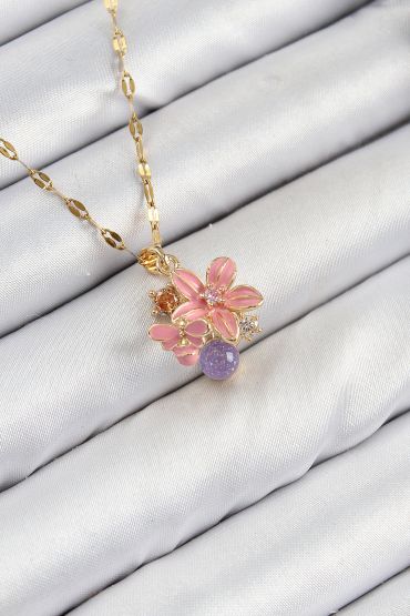 316L Çelik Zirkon Taşlı Arı Detaylı Pembe Çiçek Model Gold Renk Kadın Kolye - TJ-BKO10442
